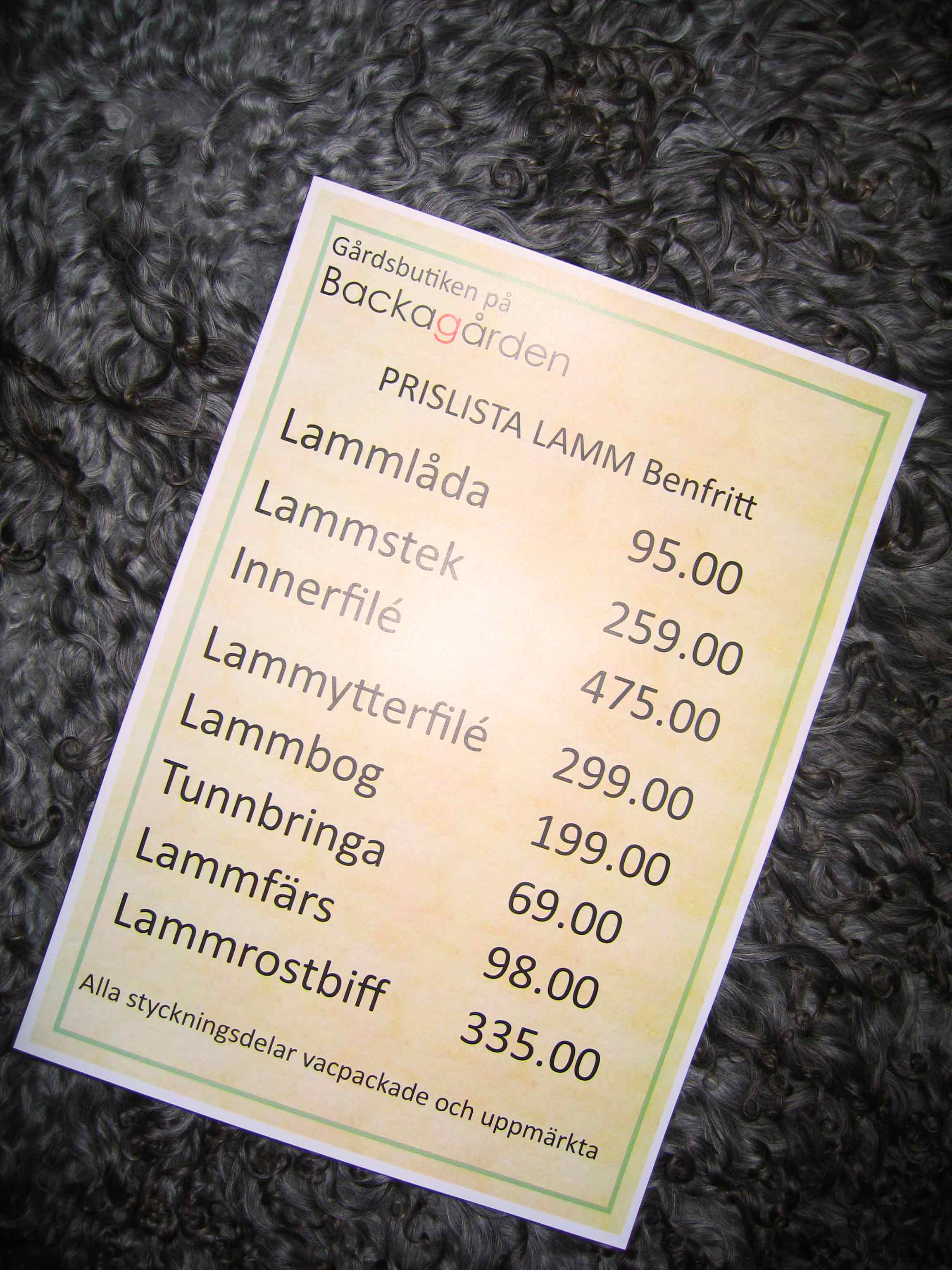 Prislista lamm